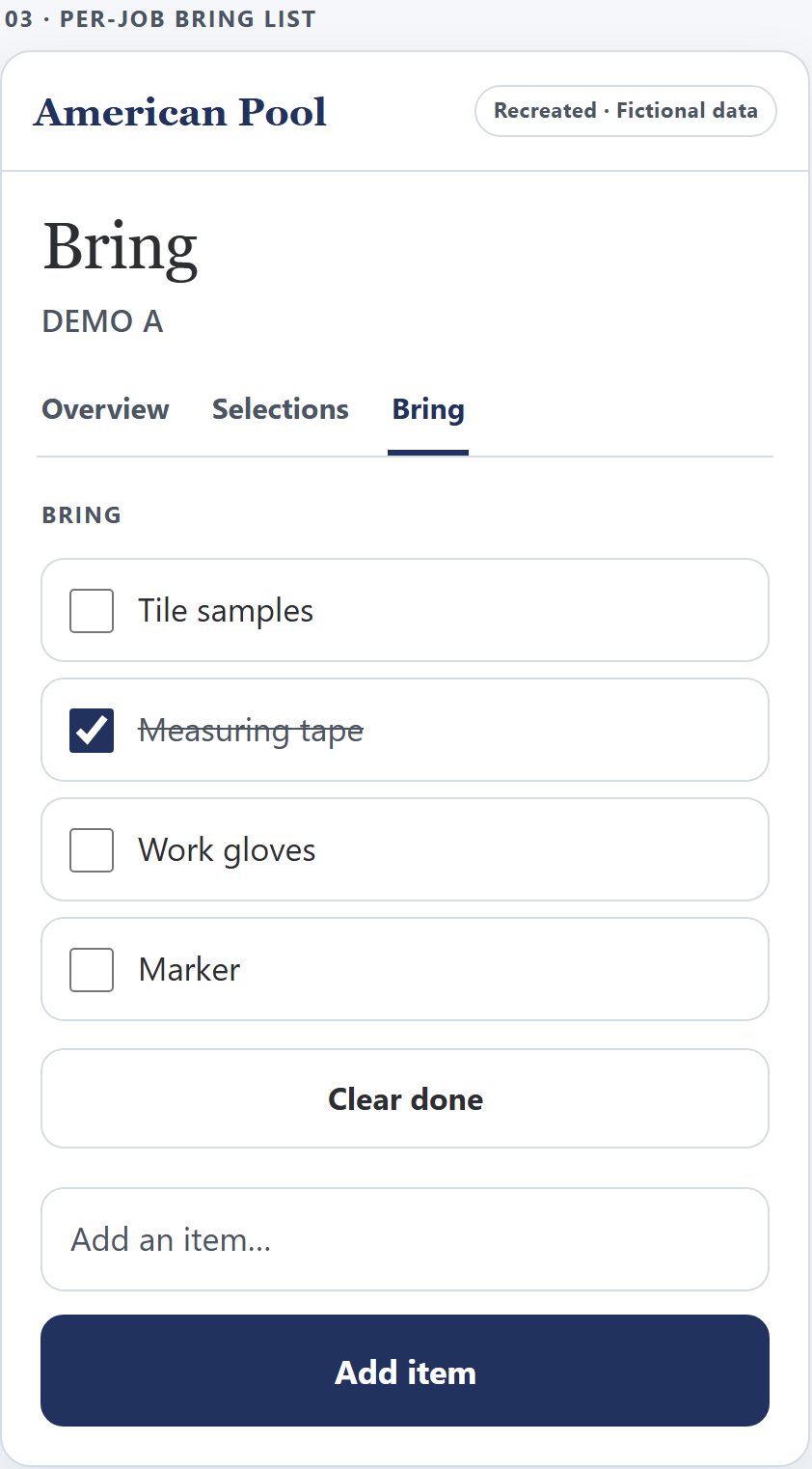Demo A bring list with tile samples, work gloves, and a marker unchecked, and measuring tape checked and struck through.